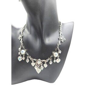Kirks Folly Signed Silver Heart Charm Necklace AB Rhinestones Fairy Tale Love